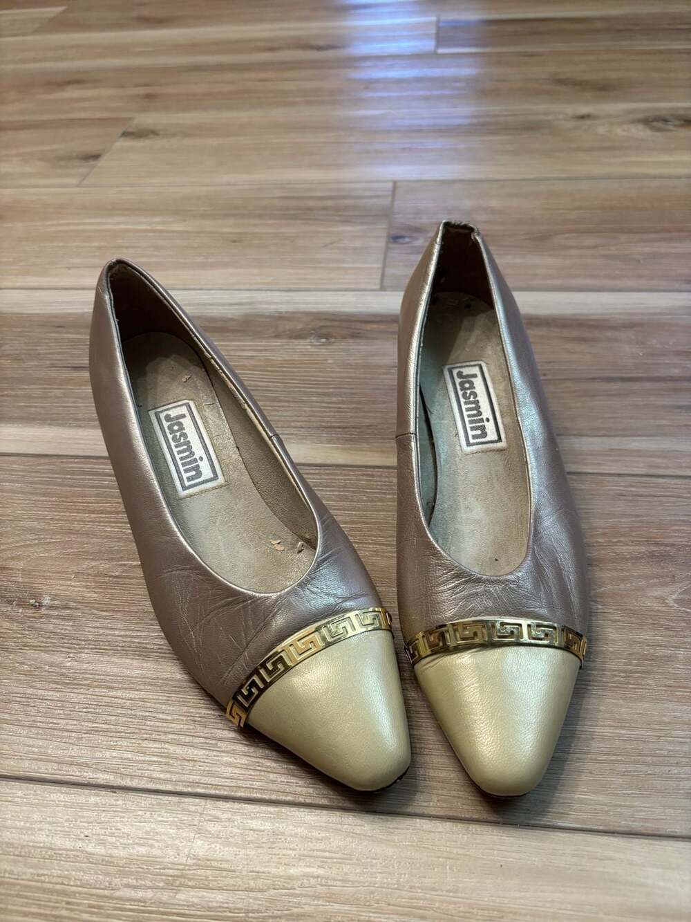 Jasmin Vintage Metallic Gold Kitten Heel Pumps with Greek Key Hardware